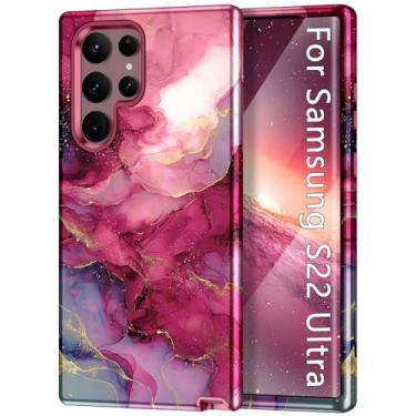 Imagem de Btscase Capa para Samsung Galaxy S22 Ultra 5G, padrão de mármore, 3 em 1, resistente, à prova de choque, de corpo inteiro, resistente, PC rígido + silicone macio para mulheres e meninas, capas para