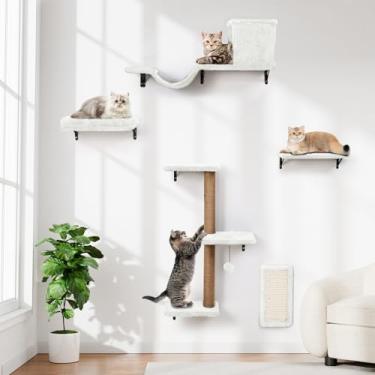Imagem de Prateleiras de parede 5 em 1 para gatos, móveis de escalada de vários níveis, poleiro e lounge para gatos internos, prateleiras montadas na parede para brincar e descansar (madeira natural) - branca