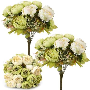 Imagem de Ovveroche Arranjo de flores de peônia de seda, 2 buquês vintage de hortênsia artificial verde e branca para casamento, casa, centro de mesa, decoração
