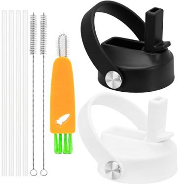 Imagem de XccMe Tampa de canudo para Hydro Flask boca larga, pacote com 2 tampas com canudo para Hydroflask 12 16 18 20 32 1,134 g boca larga, tampa à prova de vazamento com alça flexível, tampa de garrafa