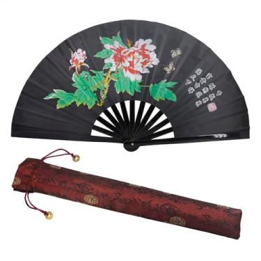 Imagem de Annakideya Ventilador de Kung Fu Tai Chi - Ventilador de mão chinês dobrável de bambu de 33 cm para artes marciais, tai chi, dança e apresentação, design de flor de peônia (1, preto)