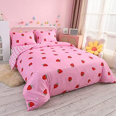 Imagem de Jogo de cama infantil Kawaii – Conjunto de edredom de morango para meninas e meninos, capa de edredom macia reversível, colcha decorativa de morango rosa, casal