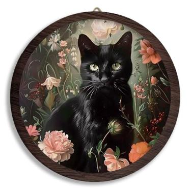 Imagem de TFKFJLF Decoração de parede emoldurada de gato preto Moody, arte de parede gótica floral, arte de parede de madeira, decoração vintage, decoração de casa de campo, decoração de porta de quarto, sala