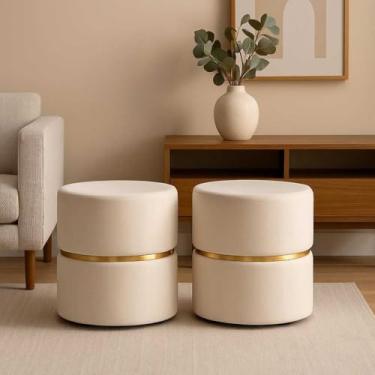 Imagem de Puff Redondo Estofado Luxo para Sala e Escritório – Banqueta Decorativa Multiuso para Provador Quarto ou Recepção – Unidade ou Kit (Kit 2 Veludo Palha)