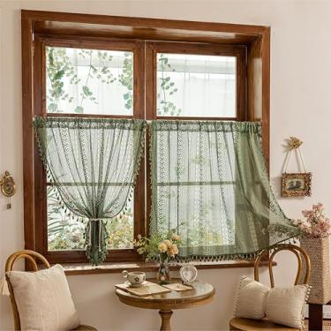 Imagem de Sutuo Home Cortinas de armário boho para janela de cozinha sobre a pia, renda francesa transparente privacidade vintage chique borlas chalé estilo boêmio decoração rústica com bolso para varão, 127 x