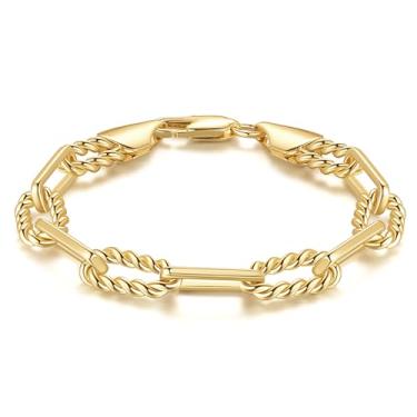 Imagem de TINI ARANDA Pulseiras de ouro para mulheres e homens, pulseira de corrente com clipe de papel com elos de cabo para mulheres delicadas, presentes texturizados, 6,5/7,5/8,5/24 cm, 8.5 IN, Ouro 14k, Sem