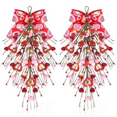 Imagem de 2 peças de guirlanda de coração de 61 cm para Dia dos Namorados em forma de coração de lágrima artificial vermelha e rosa para decoração de parede com amor de madeira e fita para pendurar na parede