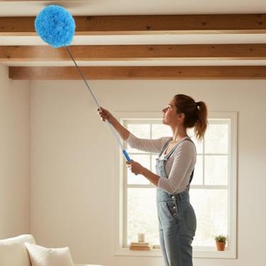Imagem de Espanador de penas extensível removedor de poeira telescópico para móveis de carro de escritório doméstico ferramenta multiuso de limpeza de teto alto (azul, cabeça redonda)