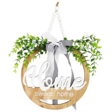 Imagem de Placa de boas-vindas sazonal, decoração de porta da frente, guirlandas de madeira redondas rústicas para pendurar na parede ao ar livre, fazenda, varanda, para primavera, verão, outono, todas as