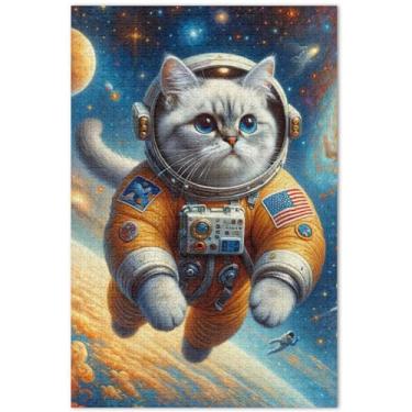 Imagem de Quebra-cabeças de gato espacial astronauta gatinho adultos 1000 peças elefante branco legal para adultos paisagem floral, 75 x 40 cm