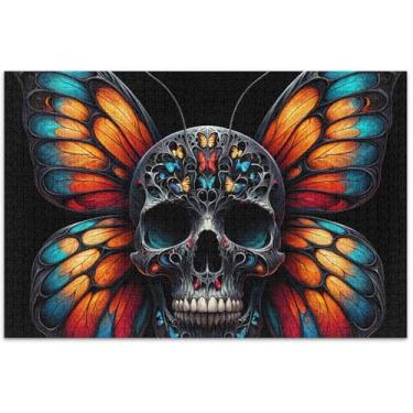 Imagem de Quebra-cabeça de caveira colorida borboleta adultos 1000 peças flor impressão animal personalizado divertido arte quebra-cabeça engraçado, 75 x 40 centímetros