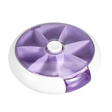 Imagem de Estojo criativo redondo com sete compartimentos para comprimidos giratórios, organizador semanal, roxo, design amigável para viagens