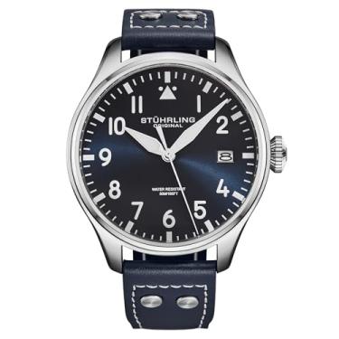 Imagem de Stuhrling Original Relógio piloto masculino Airman 4078 – caixa de aço de 43 mm, mostrador sunray, ponteiros luminosos, janela de data, quartzo, cristal mineral, pulseira de couro, resistente à água