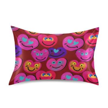 Imagem de Fronhas refrescantes lindas personalizadas King Queen padrão capas de cetim presentes modernos roupa de cama tamanho queen 76.2 cm x 50.8 cm chique colorido coração rostos sorrisos