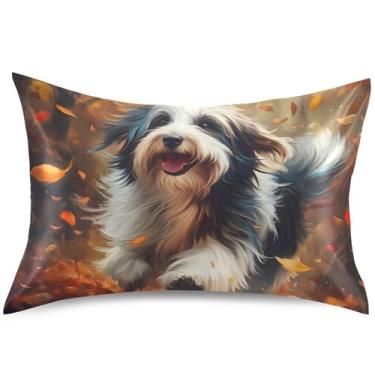 Imagem de Capas de almofada de cetim com estampa de cachorro fofo de outono padrão King Queen Capas de travesseiro fofas refrescantes para cama cuidados com a pele, tamanho Queen, 76 cm x 50 cm