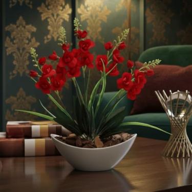 Imagem de Orquídea Artificial Arranjo Decorativo com Vaso e Casca Polida Sem Cuidados, Ideal para Sala e Escritório Perfeito para Decoradores Residenciais e Empresariais(Vermelho1)
