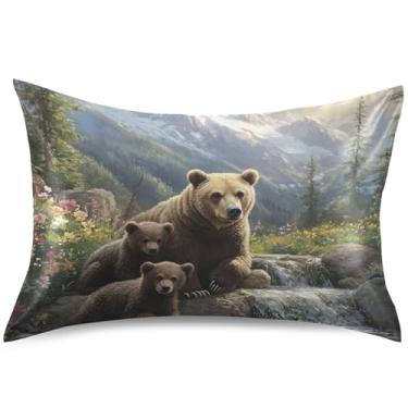 Imagem de Capa de almofada de cetim de paisagem com pintura de urso, estampa animal, King Queen, padrão, decoração de quarto, estética, tamanho king, 101,6 cm x 50,8 cm