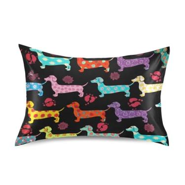 Imagem de Travesseiros padrão King Queen Slips colorido dachshund brincalhão preto cetim legal fronhas personalizadas decoração travesseiro travesseiro king size 101,6 cm x 50,8 cm