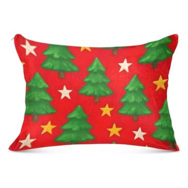 Imagem de Lindas capas de almofada de flanela vermelha com estrelas de árvores de Natal decorativas fronhas padrão King Queen com estampa fofa para sofá de cama de casa, tamanho Queen, 50,8 cm x 76,2 cm