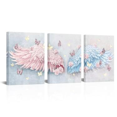 Imagem de LevvArts Decoração de parede de asas de anjo rosa e azul arte de parede de banheiro moderna menina mulher decoração de quarto cada painel tem 30,5 x 40,6 cm
