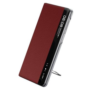 Imagem de POYUFRG Capa magnética para Huawei Mate X7, capa flip de janela de visualização inteligente de couro genuíno de luxo fina com anel de metal, vermelha, Mate X7