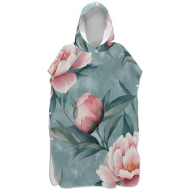 Imagem de Joisal Roupão para adultos, poncho de surfe, com capuz, toalha de natação, peônias, absorvente, aquarela, floral, poncho masculino com capuz