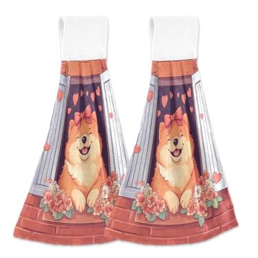 Imagem de Toalhas de mão fofas para cachorro Chow com laço com laço para pendurar toalhas de dedo personalizadas para forno conjunto de 2 toalhas de mão de cozinha ultra absorventes decorativas, 46 x 35 cm