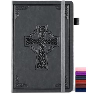 Imagem de CAGIE Agenda forrada com relevo para homens e mulheres com design cruzado - Papel pautado universitário 100GSM - Caderno de couro A5 de capa dura com 320 páginas, cinza