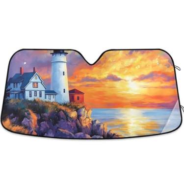 Imagem de Farol Costa Rochosa Pôr-do-sol personalizado para para-brisa de carro Engraçado Dobrável Caminhão Carro Sombras para Janelas Dianteiras Retrátil Automotivo M, 139,7 cm x 70,1 cm