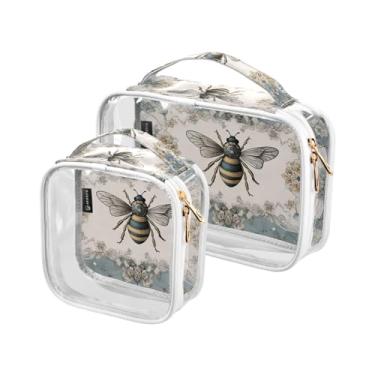 Imagem de GAIGEO Conjunto de 2 sacos de cosméticos transparentes de flores vintage, Tsa, bolsa de higiene pessoal de viagem, bolsas transparentes com zíper para viagens, Planta retrô rosa abelha palácio vento