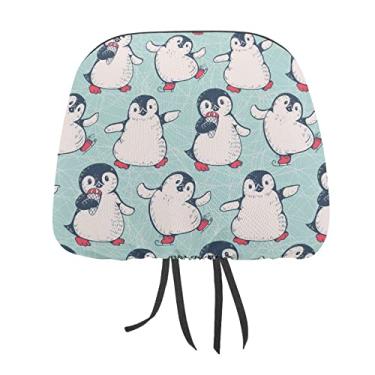 Imagem de Pinguins fofos sem costura em padrão turquesa 2 peças capas protetoras de encosto de cabeça para assento de carro universal, capa macia para encosto de cabeça de carro, acessórios de decoração para a