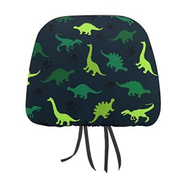Imagem de Dinossauros verdes sem costura em preto padrão escuro impressão 1 peça capa protetora universal para assento de carro, capa macia para encosto de cabeça de carro, acessórios de decoração para a