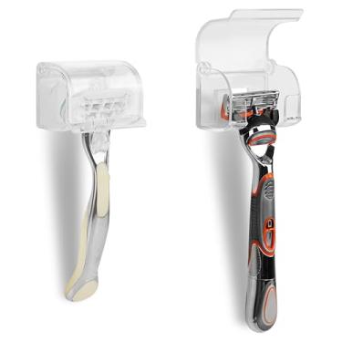 Imagem de LUEXBOX Pacote com 2 suportes de barbear com capa para parede de chuveiro, organizador de barbeador autoadesivo, ganchos de plástico compatíveis com Fusion 5 Proglide, Mach 3 Classic (transparente)