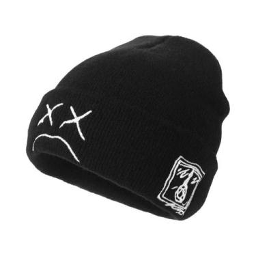 Imagem de Gorro Unissex Estilo Hip-Hop Bordado De Lã Quente Com Expressão Triste
