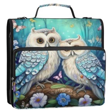 Imagem de Organizador de fichário com zíper, pintura de flores de corujas, 3 anéis, bolsa resistente para fichários escolares com alça de ombro, pasta de armazenamento com alça de ombro com alça