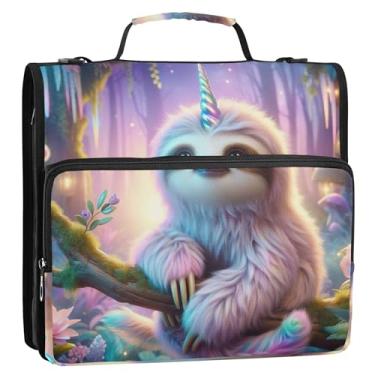 Imagem de Fichário com 3 anéis de preguiça unicórnio 3,8 cm D fichário organizador com zíper com alça de ombro para escola, estojo grande de armazenamento com alça