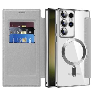 Imagem de MEMAXELUS Capa carteira para Samsung Galaxy S26 Ultra compatível com MagSafe, [bloqueio RFID] Capa magnética à prova de choque de couro PU flip premium com compartimentos para cartão transparente à