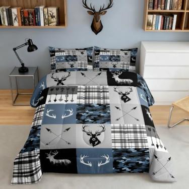 Imagem de Feelyou Conjunto de cama de caça de veado, macio para meninos e meninas, conjunto de edredom camuflado, tamanho casal, edredom, chifres, decoração de quarto, 3 peças com 2 fronhas
