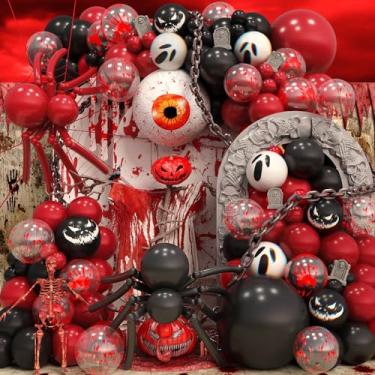 Imagem de Kit de arco de balões de terror de Halloween, 125 peças de balões assustadores vermelhos e pretos com balão de 55 cm, gota de sangue escarlate, mão sangrenta, estampa de fantasma, decoração de festa