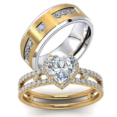 Imagem de ringheart Anéis de casal combinando coração 1,5 ct CZ banhado a ouro amarelo conjuntos de anéis de casamento feminino para ele e ela, women size8 & men size11, Papel, Zircônia cúbica