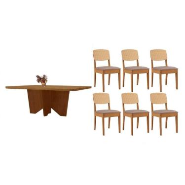 Imagem de Sala Jantar Mesa Nevada Tampo Curvo 180cm+6 Cadeiras Havana Naturale - Linho Capuccino - Rufato