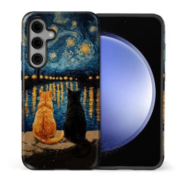 Imagem de CARLOCA Compatível com Samsung Galaxy S25 Capa protetora brilhante de corpo inteiro para menina menino à prova de choque padrão de estética pintura a óleo laranja preto gato noite estrelada