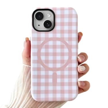 Imagem de SmoBea Compatível com iPhone 14, linda capa de telefone xadrez xadrez estética para mulheres, TPU macio à prova de choque e capa protetora traseira de policarbonato rígido, rosa fosco