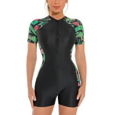 Imagem de HISETPFDE Maiô feminino de manga curta Rash Guard com zíper FPS 50+, roupa de banho de surfe, calcinha boyshort