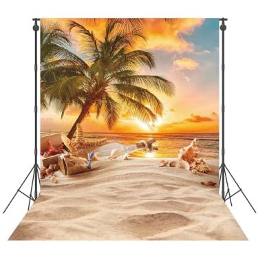 Imagem de Msocio 2,8 x 3 m poliéster verão praia praia pôr do sol pano de fundo tropical havaiano oceano palmeira fotografia fundo para decoração de festa Aloha Luau suprimentos banner cabine de fotos adereços