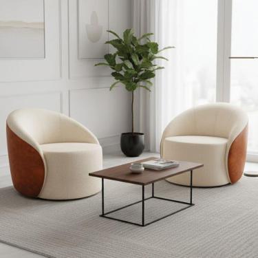 Imagem de Poltrona Sala Orgânica Kit 2 Lua Giratória Sintético PU Nozes/Bouclê D