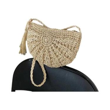 Imagem de Bolsa Transversal De Palha Semicircular Feita À Mão Para Mulheres Com 