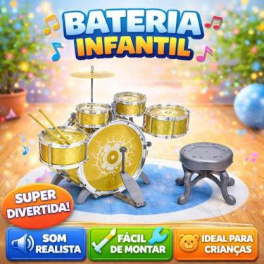 Imagem de Bateria Infantil Musical Brinquedo Realista com Banco Banqueta e 5 tam