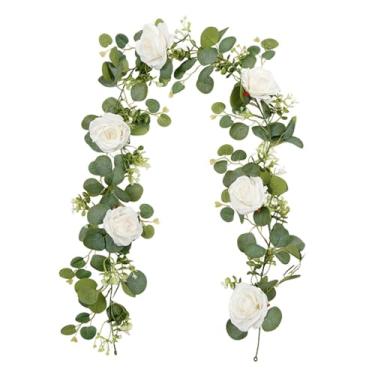 Imagem de IEUDNS Guirlanda de flores artificiais de eucalipto, multifuncional, para decoração de casamentos, janelas, arcos, aniversários e lareiras, Branco