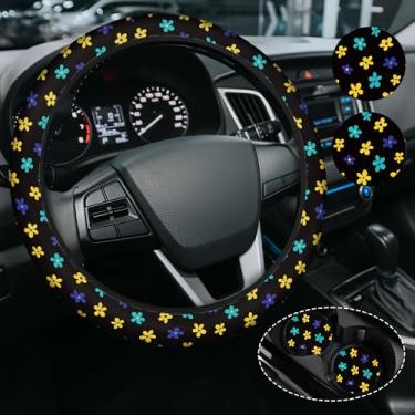Imagem de Capa de volante floral fofa, capa de volante de neoprene antiderrapante, acessório de carro de flor para mulheres e homens, ajuste universal de 38 cm para automóvel, SUVS, inclui 2 porta-copos de